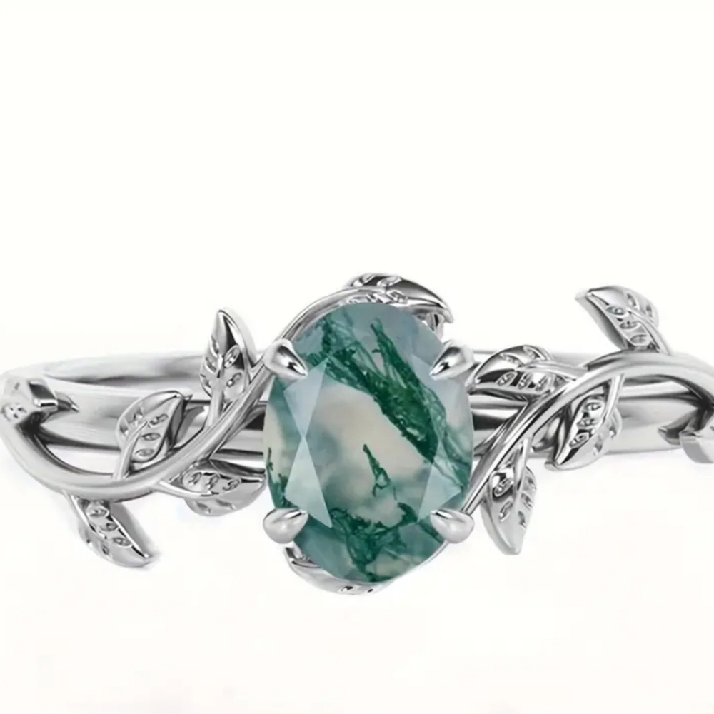 Elegant 925 Sterling Silver Ring Inlaid Green Color Moss Agate Elegant - Picture 2 of 8
